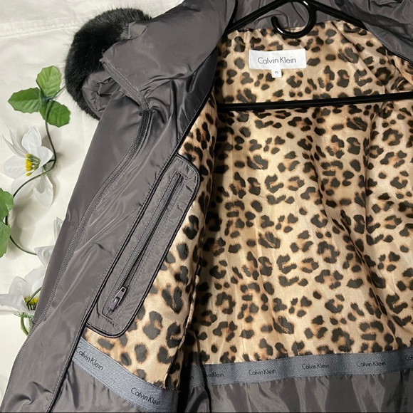 Calvin Klein hooded Trim Faux Fur puffy Coat Gray - Picture 5 of 16